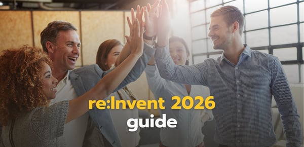 re:Invent 2026 guide featuring a team celebrating with a high five.