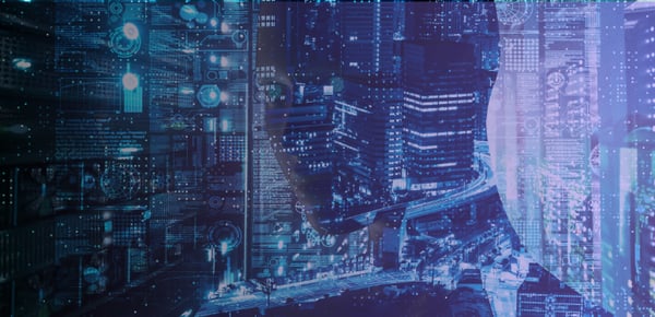 Abstract digital image blending a human face with data visuals, representing AI and technology integration.