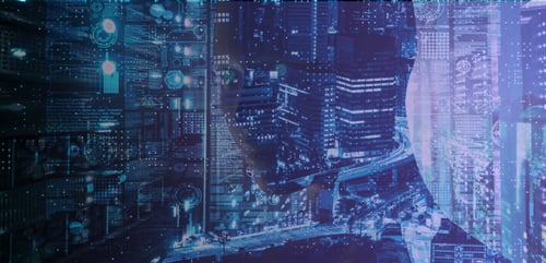 Abstract digital image blending a human face with data visuals, representing AI and technology integration.