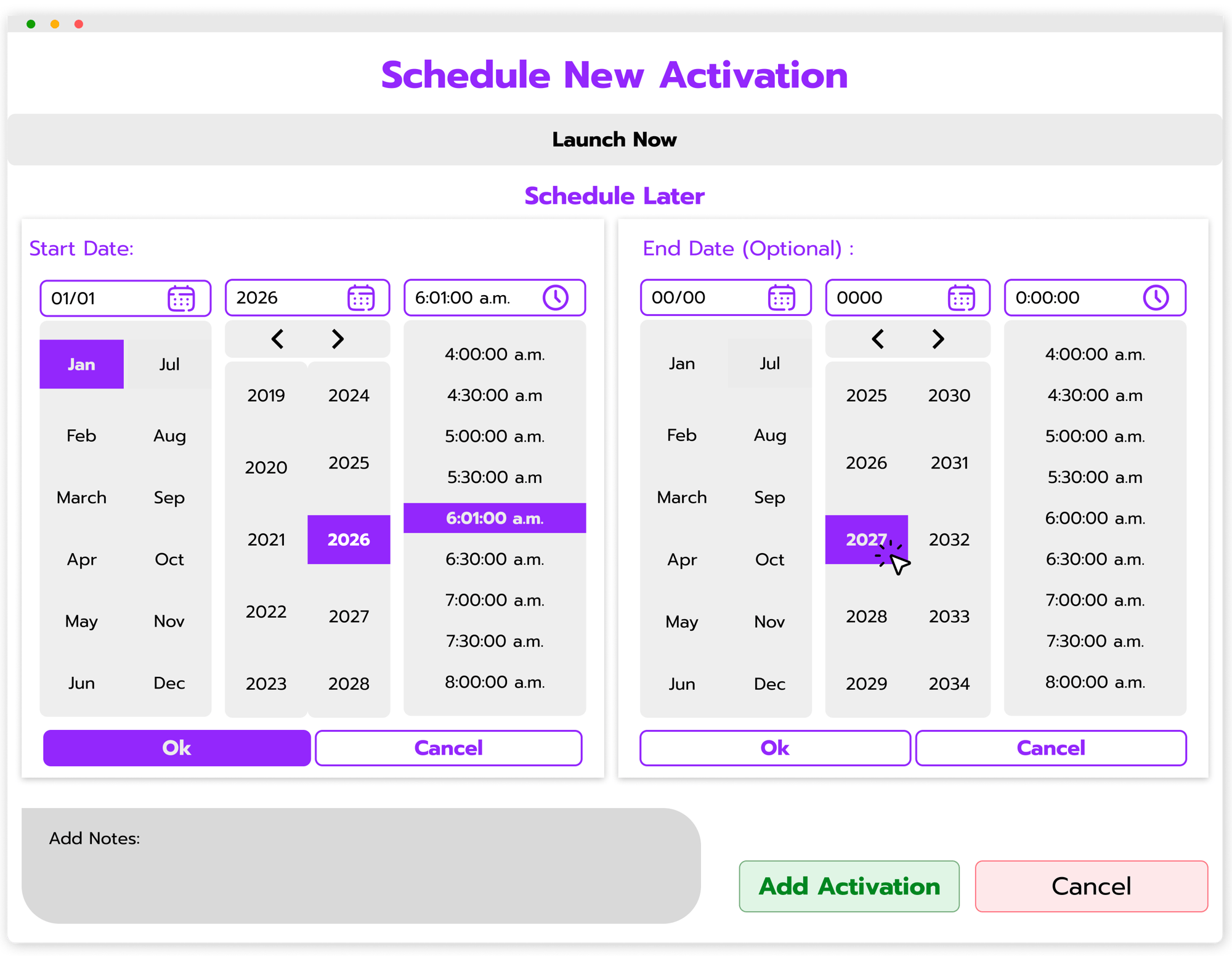 Schedule a new activation in USAN