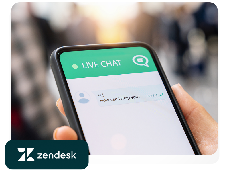 Person chatting with customer support agent with Zendesk logo